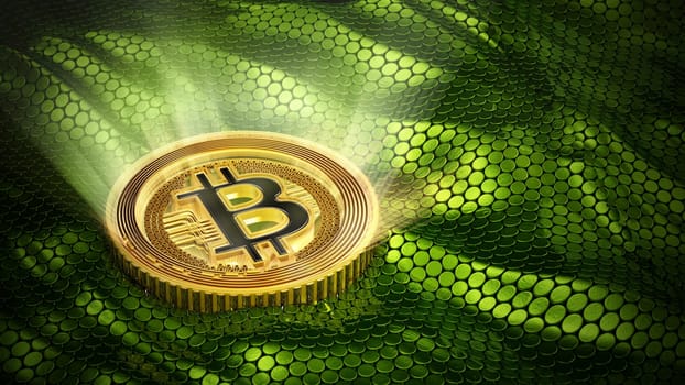 Glowing generic Bitcoin standing on green background. 3D illustration.