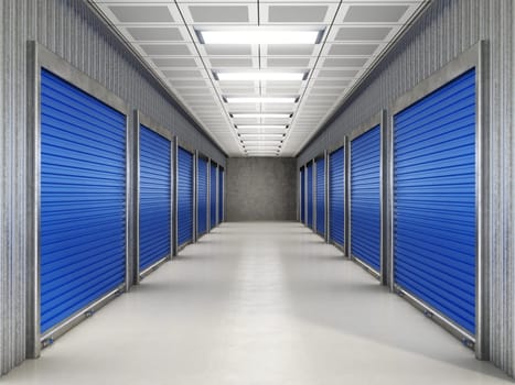 Corridor leading to self storage units 3D illustration.
