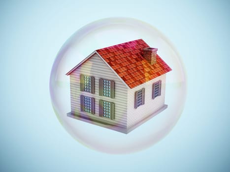 House inside a floating bubble. Real estate bubble concept. 3D illustration.