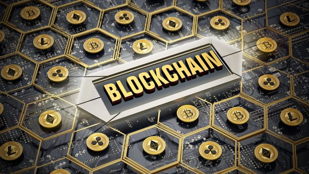 Cryptocurrency concept with Blockchain text. 3D illustration.