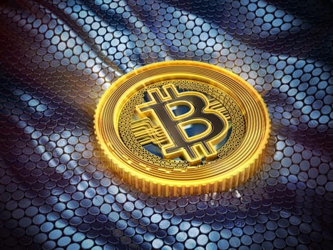 Glowing generic Bitcoin standing on dark blue background. 3D illustration.