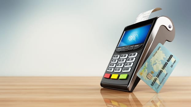 POS machine and credit card standing on wooden table. Copy space on the left side. 3D illustration.