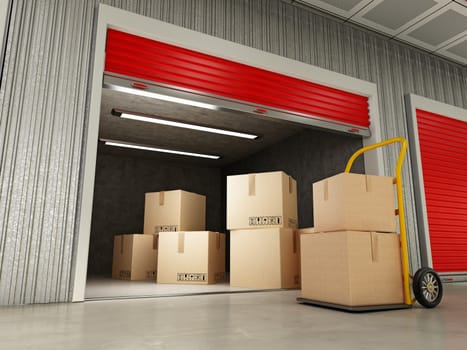 Stack of cardboard boxes inside self storage unit. 3D illustration.