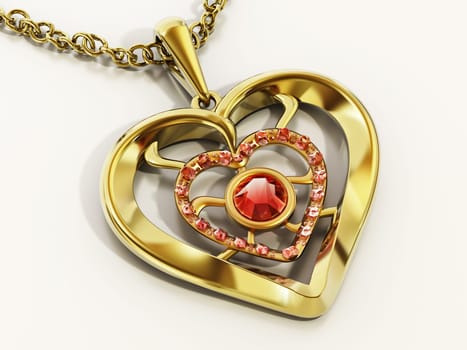 Gold heart necklace decorated with ruby gemstones. 3D illustration.