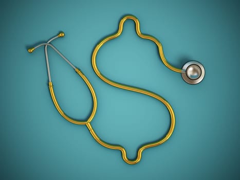 Stethoscope with Dollar symbol shaped cord on green background. Medical costs and expenditures concept. 3D illustration.