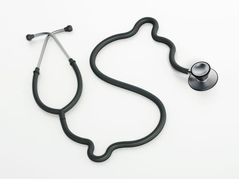 Stethoscope with Dollar symbol shaped cord. Medical costs and expenditures concept. 3D illustration.