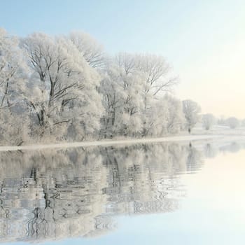 Frosty winter trees against a blue sky with reflection in water