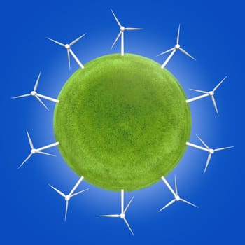 Wind turbines around a green planet symbolizing clean energies. Innovation must be utilized to promote renewable energies for a better future.