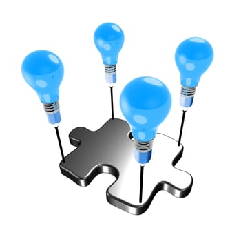 Metaphor about creativity carrying a member of a team (jigsaw). The light bulbs and pencil refer to ideas and creativity.
