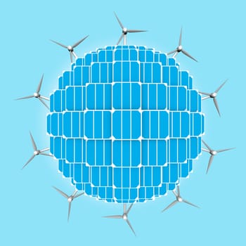 Planet with solar panels and wind turbines around to generalize clean energies. Innovation must be utilized to promote renewable energies for a better future.