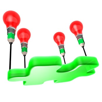 Metaphor about creativity carrying a member of a team (jigsaw). The light bulbs and pencil refer to ideas and creativity.