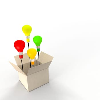 Several ideas emerging from an idea box. Metaphor concept. The light bulbs and pencil refer to ideas and creativity.