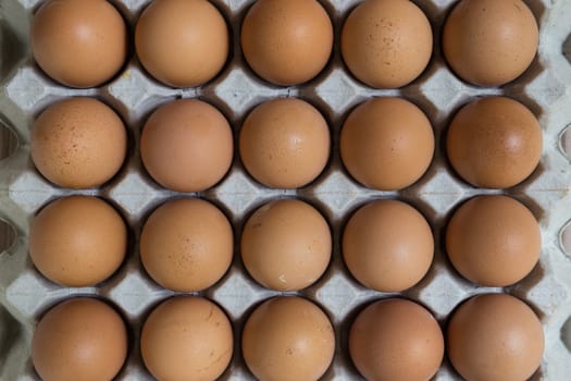 Top view of a big group of chicken eggs.