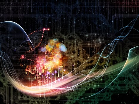 Waves of Technology series. Composition of lights, fractal and technological elements on the subject of science, philosophy, metaphysics and modern technology