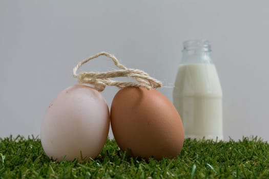Two eggs are getting married on a grass field.