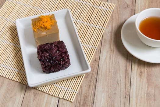 Sweet Thai recipe made with black rice, sugar, and egg.