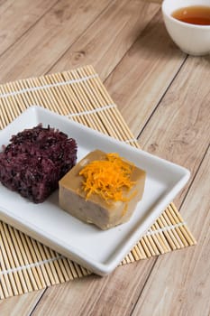 Sweet Thai recipe made with black rice, sugar, and egg.