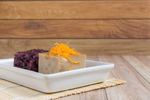 Sweet Thai recipe made with black rice, sugar, and egg.