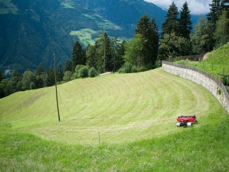 scenic view down on a freshly mowed alpine meadow in South Tyrol near and above the city of Merano on a whale path