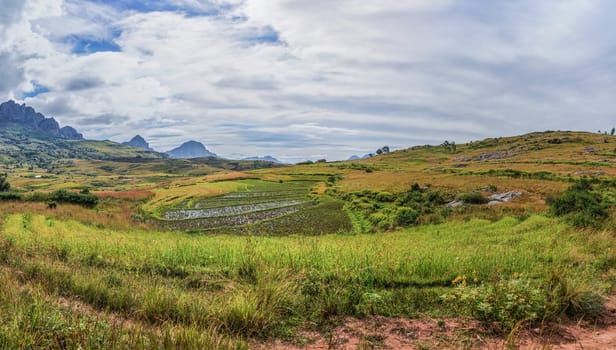 View to Andringitra massif and overcast sky in distance as seen during trek to Pic Boby Imarivolanitra, wet rice fields foreground.