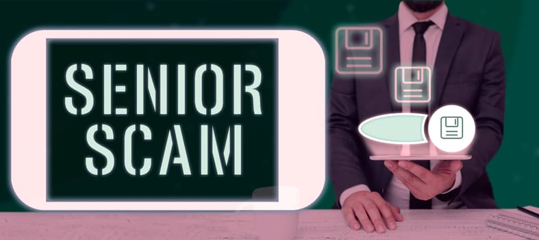 Text showing inspiration Senior Scam, Word Written on fraud schemes targeting the lifestyle and savings of the elderly