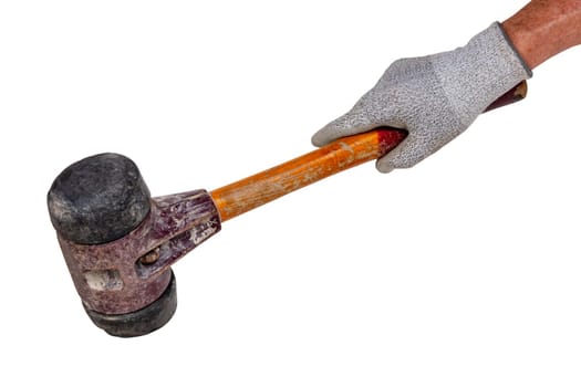Mans hand holds an professional paving hammer with cast steel body, wooden handle and double sided striking heads isolated on white. Clipping path. Equipment from a bricklayer for laying paving slabs.
