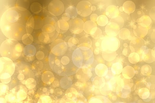 A festive abstract delicate golden gradient yellow background texture with glitter defocused sparkle bokeh circles and stars. Card concept for Happy New Year, party invitation, valentine or other holidays.