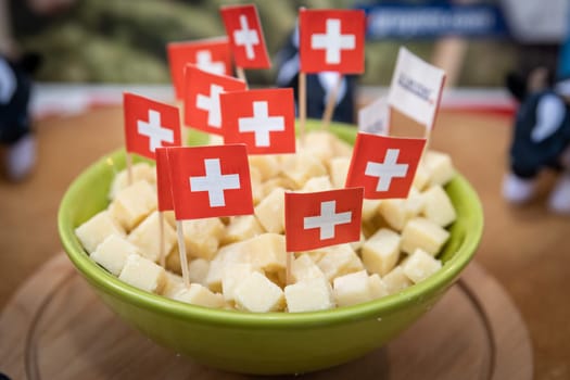 October 21 2021 LYON, RHONE ALPES AUVERGNE, FRANCE : Switzerland cheese named The Gruyere AOP swiss ready to eat for apperitive