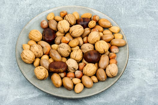 Walnut, chestnut, almond, hazelnut on the table.Healthy food and snacks