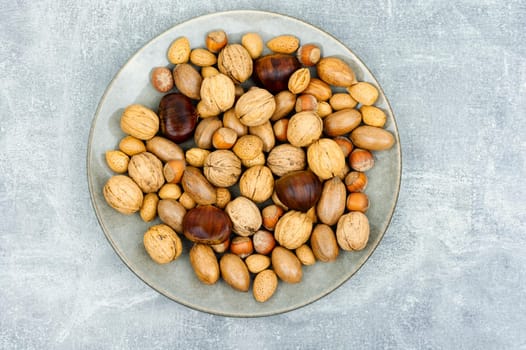 Walnut, chestnut, almond, hazelnut on the table.Healthy snacks Vegan food
