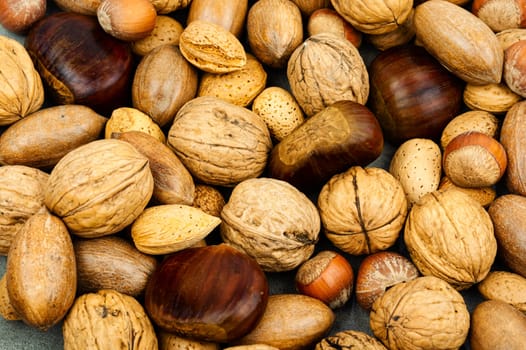 Walnut, chestnut, almond, hazelnut on the table.Healthy snacks Vegan food