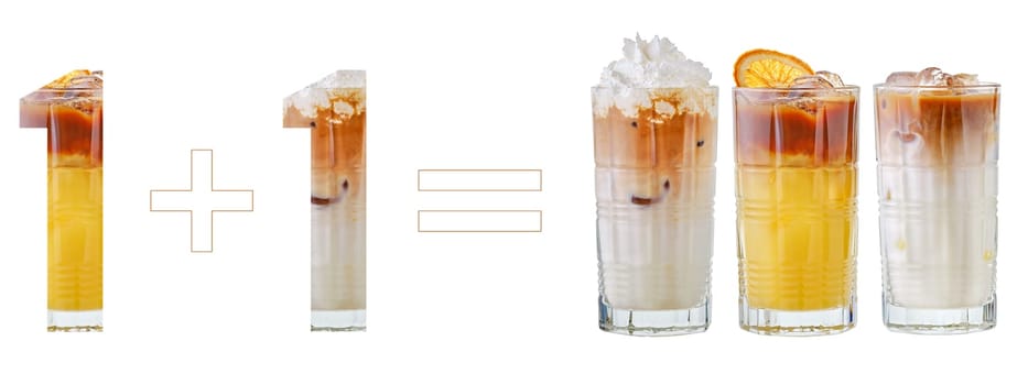 Concept of discount or bonus for drinks. Buy two and get three. Refreshing cold drinks with coffee.