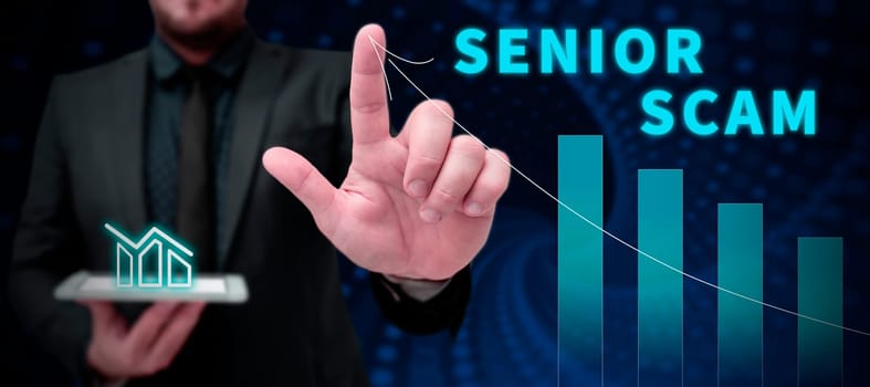 Text caption presenting Senior Scam, Business overview fraud schemes targeting the lifestyle and savings of the elderly