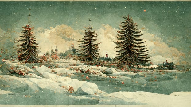 Retro christmas card with fir and snow landscape abstract digital art.