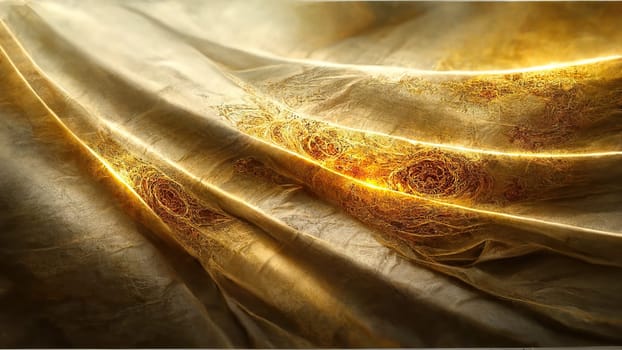 Abstract art fluid golden waves background full frame with bright lightning. Artificial Art.