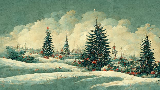 Retro christmas card with fir and snow landscape abstract digital art.