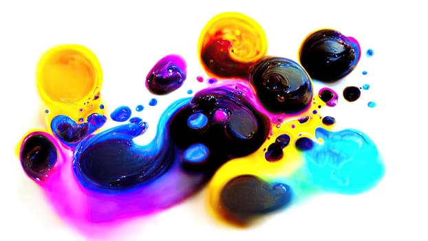 Colorful wet paint bubbles in horizontal banner on bright background. Artificial Art.