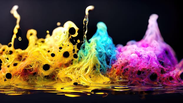 Colorful wet paint splashes in horizontal banner on Black background. Artificial Art.