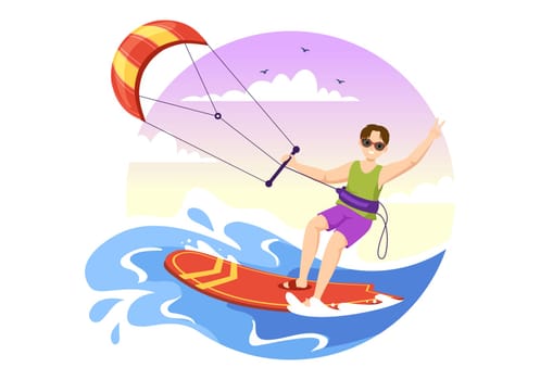 Kitesurfing Illustration with Kite Surfer Standing on Kiteboard in the Summer Sea in Extreme Water Sports Flat Cartoon Hand Drawn Template