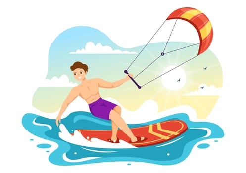 Kitesurfing Illustration with Kite Surfer Standing on Kiteboard in the Summer Sea in Extreme Water Sports Flat Cartoon Hand Drawn Template