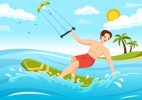 Kitesurfing Illustration with Kite Surfer Standing on Kiteboard in the Summer Sea in Extreme Water Sports Flat Cartoon Hand Drawn Template