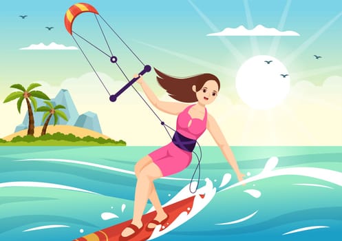 Kitesurfing Illustration with Kite Surfer Standing on Kiteboard in the Summer Sea in Extreme Water Sports Flat Cartoon Hand Drawn Template