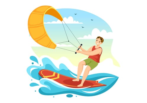 Kitesurfing Illustration with Kite Surfer Standing on Kiteboard in the Summer Sea in Extreme Water Sports Flat Cartoon Hand Drawn Template