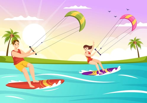 Kitesurfing Illustration with Kite Surfer Standing on Kiteboard in the Summer Sea in Extreme Water Sports Flat Cartoon Hand Drawn Template