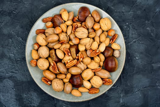 Walnut, chestnut, almond, hazelnut on the table.Healthy food and snacks
