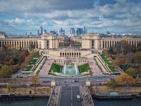 Closeup aerial view of the Trocadero area with La Defense metropolitan district seen at the horizon in Paris, France