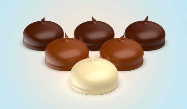 White, milk and dark chocolate coated marshmallows