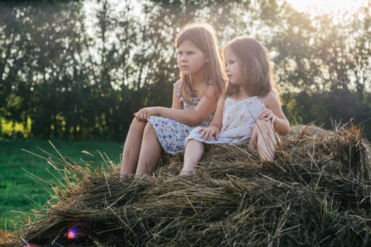 Portrait of two children girls sitting on straw bale in hay field. Light sunny day. Cheerful and enjoy friendship concept. Fresh air in countryside. Side view. Trees on background. Flecks of sunlight