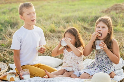 Portrait of meditative children boy and two girls sitting on blanket in field, having picnic, drinking milk and eating bread. Relaxing time. Talking, resting on grass. Light sunny day