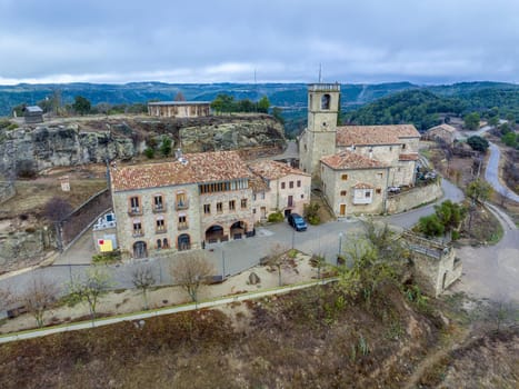 Romanesque church of Sant Miquel de Castelladral in Navas, Bages Catalonia. Spain. Aerial panoramic view of the picturesque center